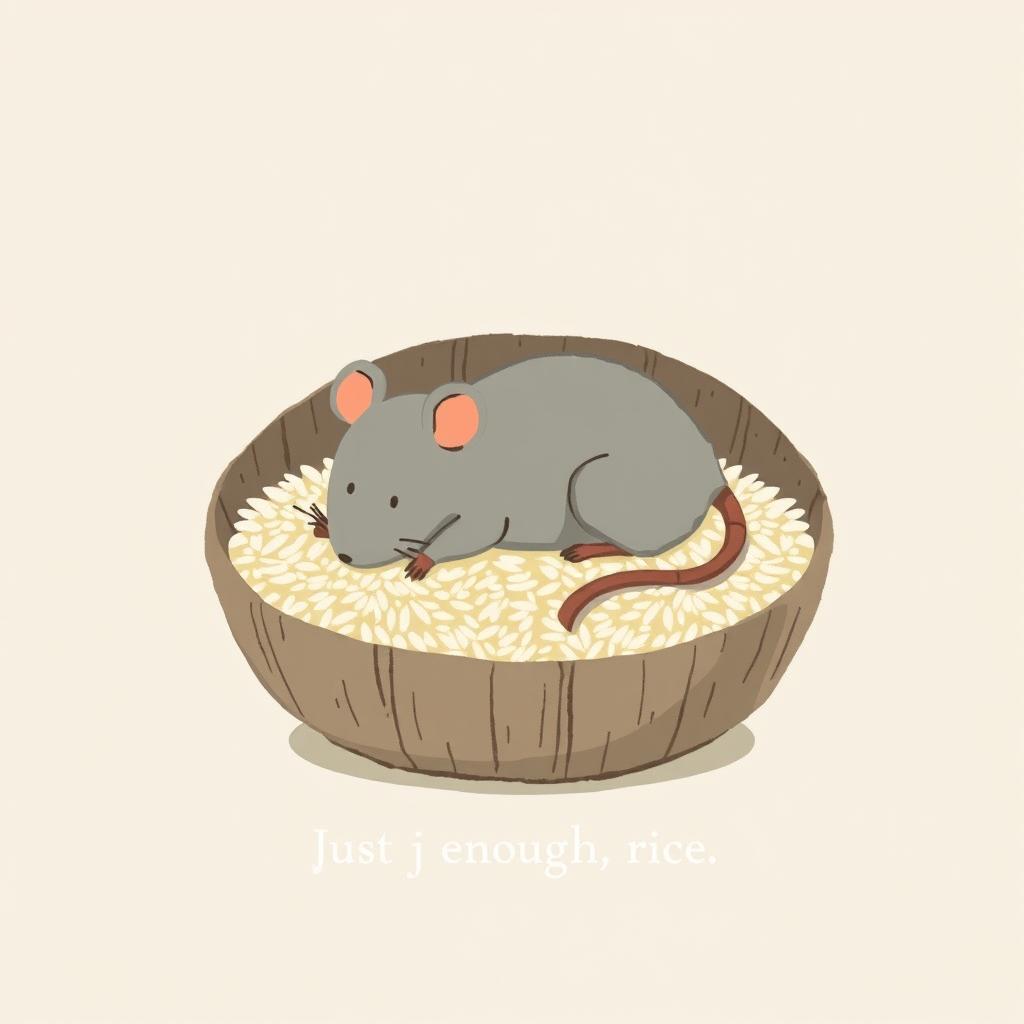 A small gray mouse is lying down in a rice barrel that has only a small amount of rice at the bottom