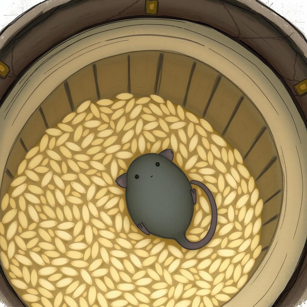 A small gray mouse is lying at the bottom of a rice barrel, viewed from above the barrel