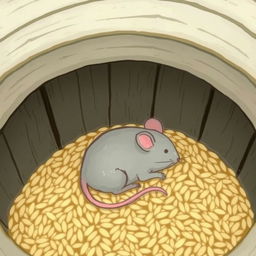 A small gray mouse is lying at the bottom of a rice barrel, viewed from above the barrel