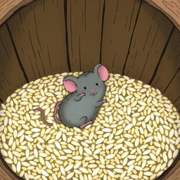 A small gray mouse is lying at the bottom of a rice barrel, viewed from above the barrel