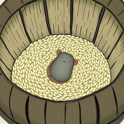 A small gray mouse is lying at the bottom of a rice barrel, viewed from above the barrel