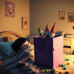 A whimsical bedroom scene featuring a 9-year-old boy with black hair lying in bed, hidden beneath a blanket with only his eyes visible, full of wonder