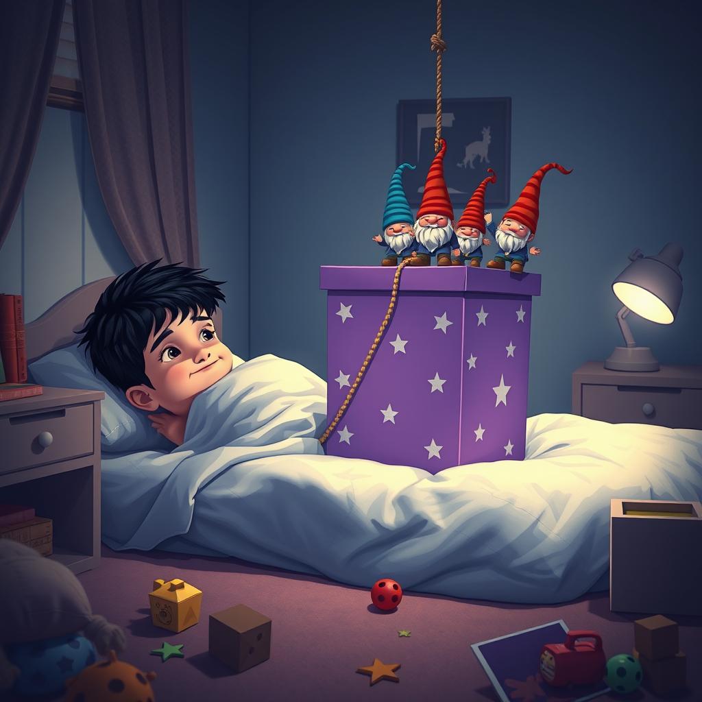 A whimsical bedroom scene featuring a 9-year-old boy with black hair lying in bed, hidden beneath a blanket with only his eyes visible, full of wonder