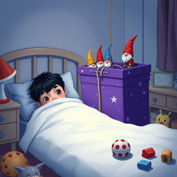 A whimsical bedroom scene featuring a 9-year-old boy with black hair lying in bed, hidden beneath a blanket with only his eyes visible, full of wonder