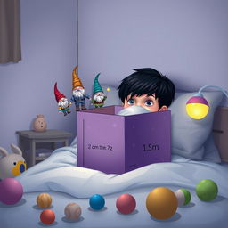 A whimsical bedroom scene featuring a 9-year-old boy with black hair lying in bed, hidden beneath a blanket with only his eyes visible, full of wonder