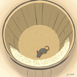 A small gray mouse is lying at the bottom of a deep rice barrel that is completely empty of rice