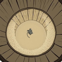 A small gray mouse is lying at the bottom of a deep rice barrel that is completely empty of rice