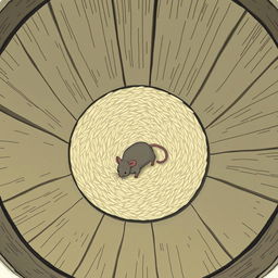 A small gray mouse is lying at the bottom of a deep rice barrel that is completely empty of rice