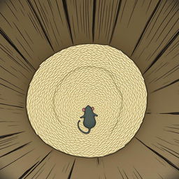 A small gray mouse is lying at the bottom of a deep rice barrel that is completely empty of rice