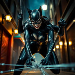 A dramatic scene featuring Catwoman in a precarious situation, wearing her iconic sleek black latex costume that hugs her figure perfectly