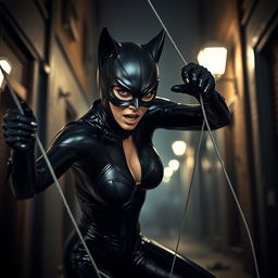 A dramatic scene featuring Catwoman in a precarious situation, wearing her iconic sleek black latex costume that hugs her figure perfectly