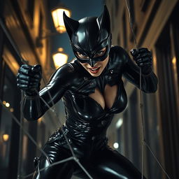 A dramatic scene featuring Catwoman in a precarious situation, wearing her iconic sleek black latex costume that hugs her figure perfectly