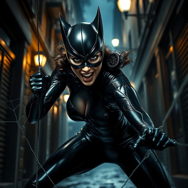 A dramatic scene featuring Catwoman in a precarious situation, wearing her iconic sleek black latex costume that hugs her figure perfectly