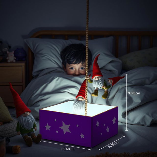 A cozy dimly lit bedroom featuring a 9-year-old boy with black hair lying in bed, snuggled under a blanket with only his curious eyes peeking out