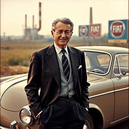 A vintage portrait of Giovanni Agnelli, the iconic Italian business magnate and former CEO of Fiat, captured in a stylish 1960s setting