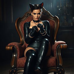 A captivating scene featuring Catwoman, wearing stylish black latex thigh-high boots that accentuate her shapely legs