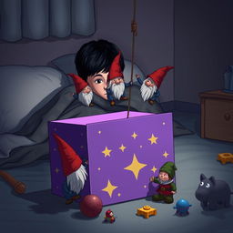 A cozy dimly lit bedroom featuring a 9-year-old boy with black hair lying on the bed, snuggled under a blanket with only his eyes visible, filled with curiosity