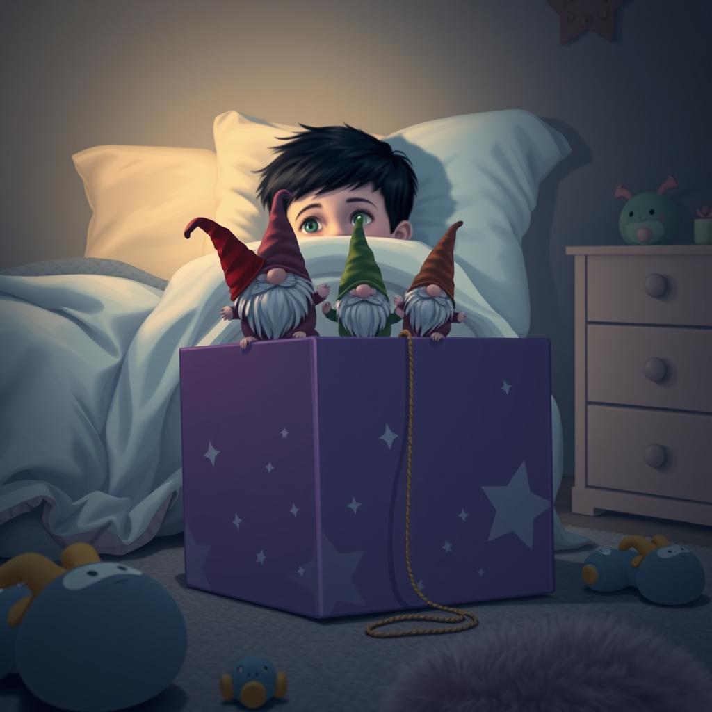 A cozy dimly lit bedroom featuring a 9-year-old boy with black hair lying in bed, snug under a blanket with only his curious eyes peeking out