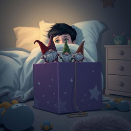 A cozy dimly lit bedroom featuring a 9-year-old boy with black hair lying in bed, snug under a blanket with only his curious eyes peeking out