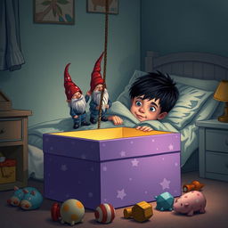 A cozy dimly lit bedroom featuring a 9-year-old boy with black hair lying in bed, snug under a blanket with only his curious eyes peeking out