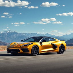 An imaginative image showcasing a fusion of the Corvette C8 and Audi Q8 Sportback, crafted as a 4-door crossover utility vehicle (CUV) in a striking matte gold finish