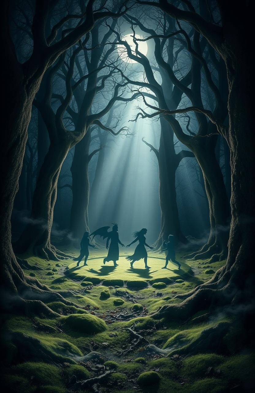 A mystical and enchanting scene depicting a "Circle of Shadows" in a dense, dark forest