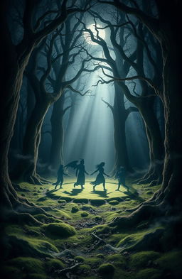 A mystical and enchanting scene depicting a "Circle of Shadows" in a dense, dark forest