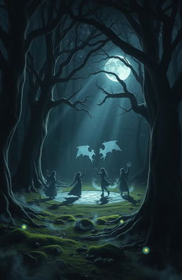 A mystical and enchanting scene depicting a "Circle of Shadows" in a dense, dark forest