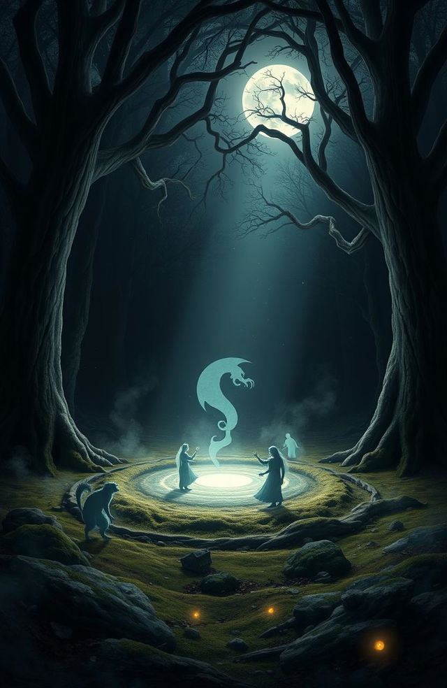 A mystical and enchanting scene depicting a "Circle of Shadows" in a dense, dark forest