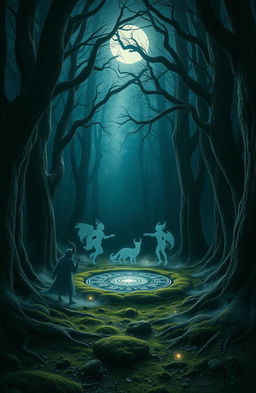 A mystical and enchanting scene depicting a "Circle of Shadows" in a dense, dark forest