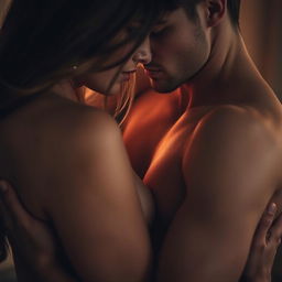 A sensual and intimate close-up scene of two figures entwined in a passionate embrace, showcasing the warmth and connection between them