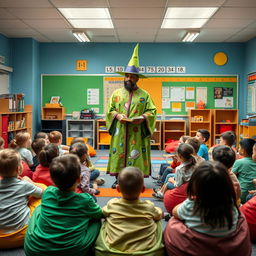 Inside a vibrant school classroom, students are comfortably seated on colorful beanbag chairs, eagerly anticipating a story