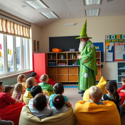 Inside a vibrant school classroom, students are comfortably seated on colorful beanbag chairs, eagerly anticipating a story