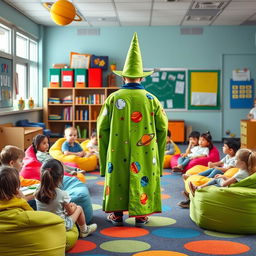 Inside a vibrant school classroom, students are comfortably seated on colorful beanbag chairs, eagerly anticipating a story