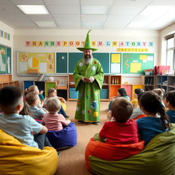 Inside a vibrant school classroom, students are comfortably seated on colorful beanbag chairs, eagerly anticipating a story