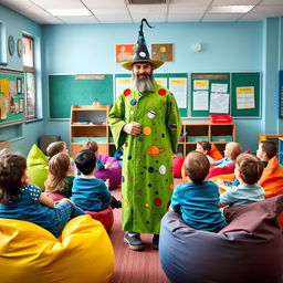 Inside a vibrant school classroom, a group of students aged eight to nine is comfortably seated on colorful beanbag chairs, eagerly awaiting a story