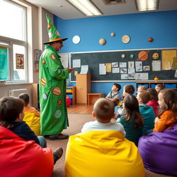 Inside a vibrant school classroom, a group of students aged eight to nine is comfortably seated on colorful beanbag chairs, eagerly awaiting a story