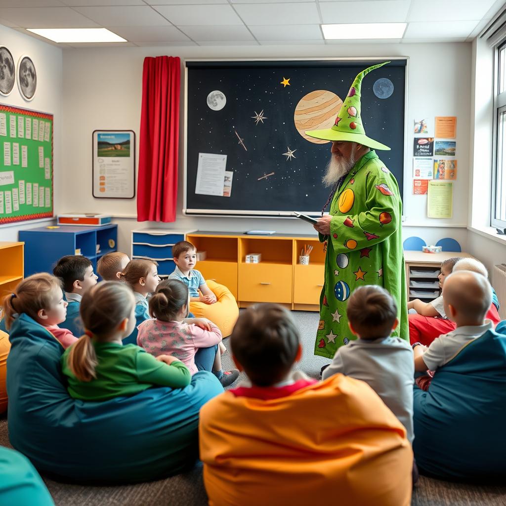 Inside a vibrant school classroom, a group of students aged eight to nine is comfortably seated on colorful beanbag chairs, eagerly awaiting a story