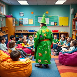 Inside a vibrant school classroom, a group of students aged eight to nine is comfortably seated on colorful beanbag chairs, eagerly awaiting a story