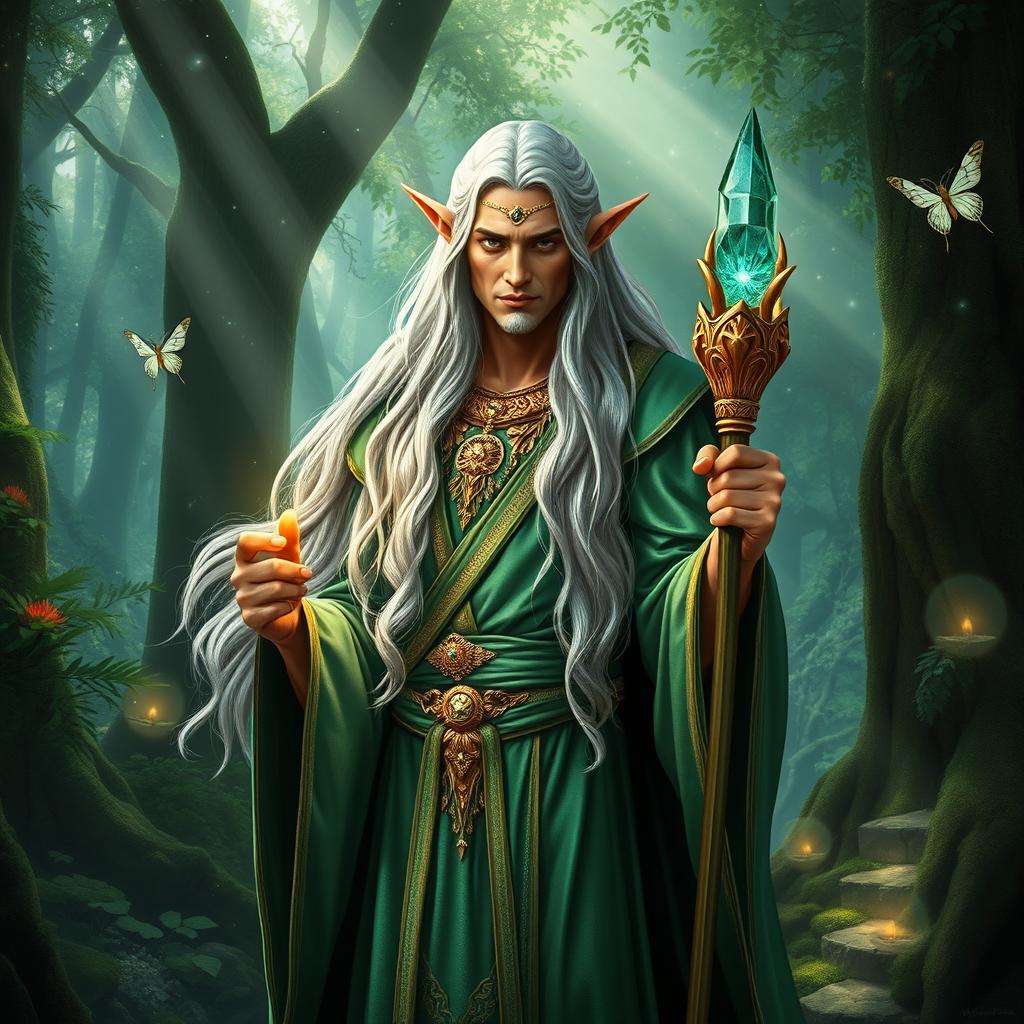 A majestic high elf wizard standing confidently in an enchanted forest