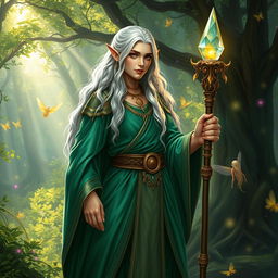 A majestic high elf wizard standing confidently in an enchanted forest