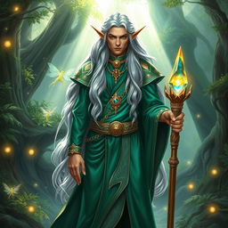 A majestic high elf wizard standing confidently in an enchanted forest