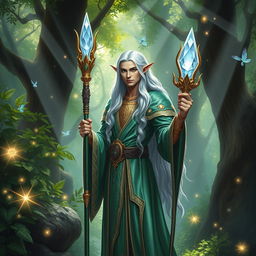 A majestic high elf wizard standing confidently in an enchanted forest