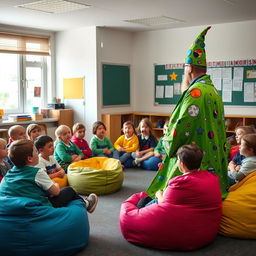 In a lively school classroom, students aged eight and nine are seated on vibrant beanbag chairs, their faces filled with anticipation