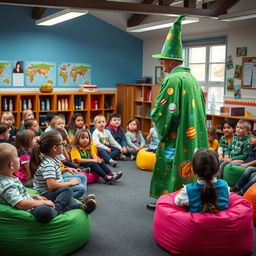 In a lively school classroom, students aged eight and nine are seated on vibrant beanbag chairs, their faces filled with anticipation