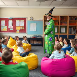 In a lively school classroom, students aged eight and nine are seated on vibrant beanbag chairs, their faces filled with anticipation