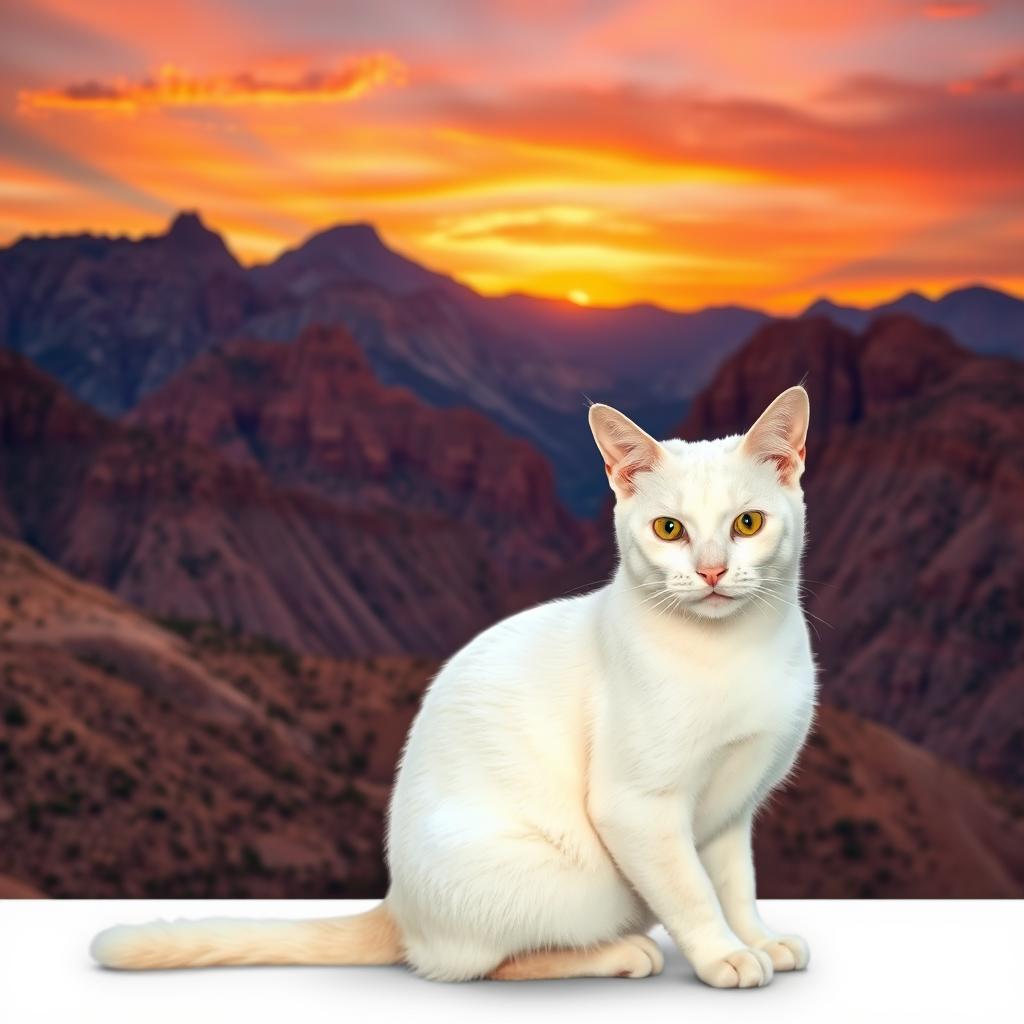 A sleek white tom-cat sitting gracefully in front of majestic red-brown mountains during a stunning sunset