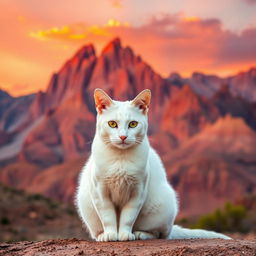 A sleek white tom-cat sitting gracefully in front of majestic red-brown mountains during a stunning sunset