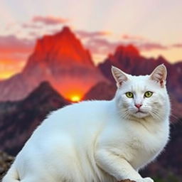 A sleek white tom-cat sitting gracefully in front of majestic red-brown mountains during a stunning sunset