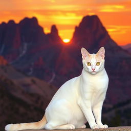 A sleek white tom-cat sitting gracefully in front of majestic red-brown mountains during a stunning sunset